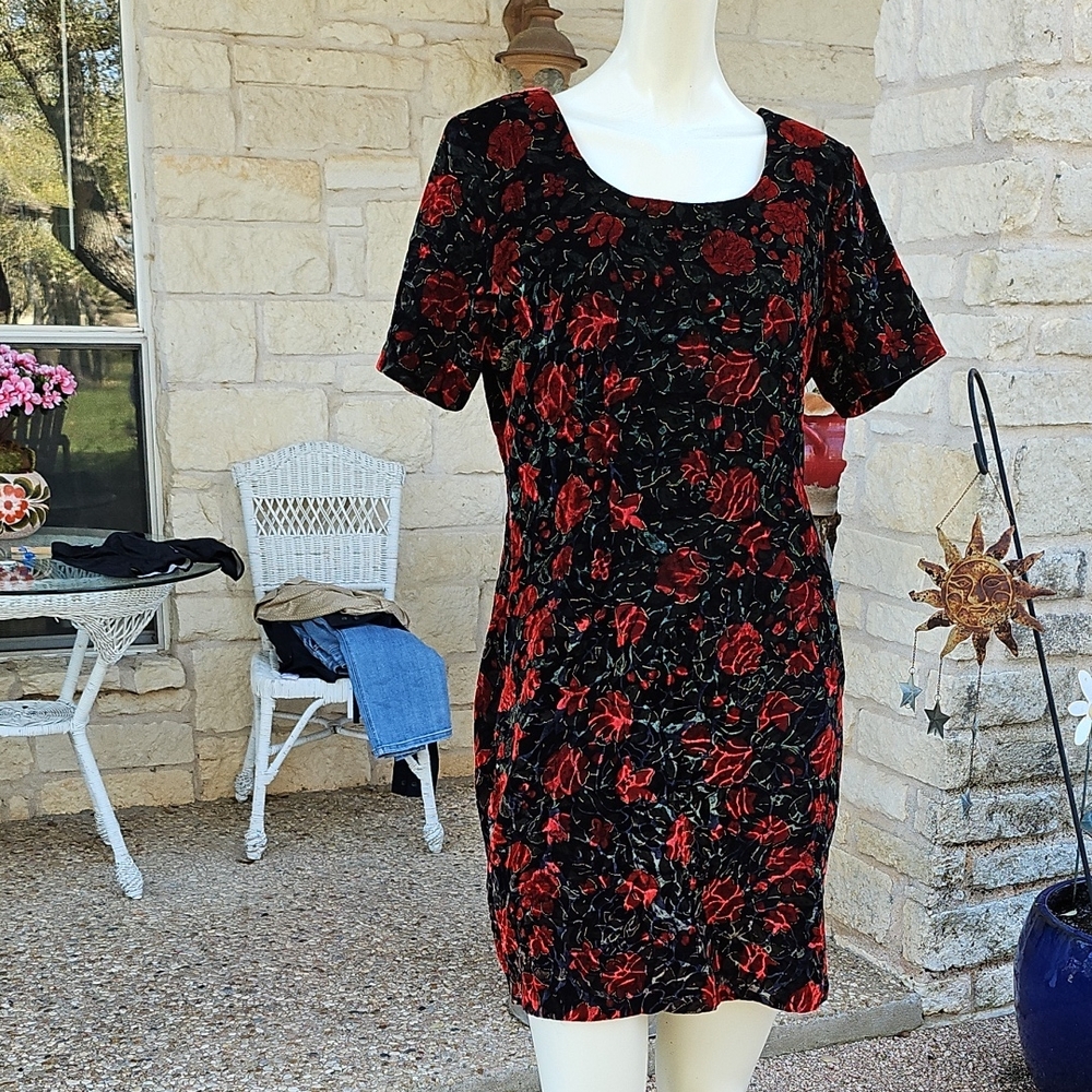 Vintage California Gold Rush Red Floral Gold Metallic Trim Velvet Dress L